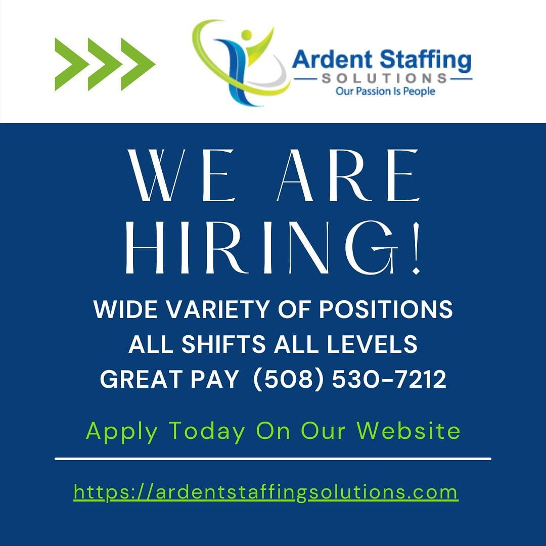 We have lots of great openings - all shifts - all skill levels - great pay!!
Whether you need help finding work or workers, Ardent Staffing is here to help....Contact us today to learn more!(508) 530-7212
Ardent-Staffing.com
Let’s get the world back to work!#admi̇n