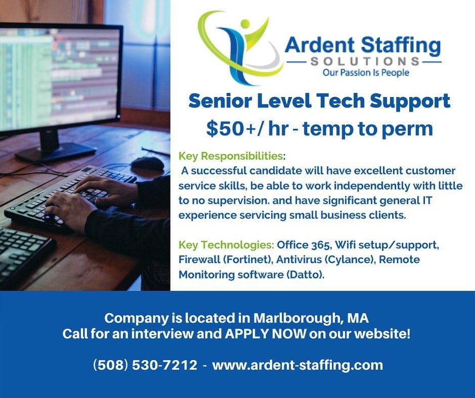 This is just one of the incredible job opportunities available through @ardentstaffing.  Let us help you accomplish your employment goals!
Apply online or call us to get started today!
ArdentStaffingSolutions.com
(508)530-7212 Central MA