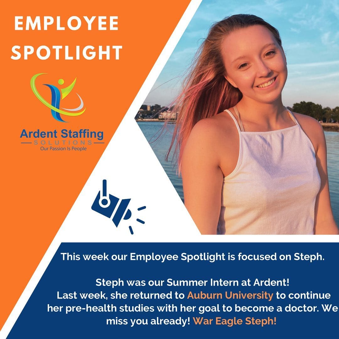 This summer the @ardentstaffing team had the privilege of working with Stephanie, an inspiring, young Auburn University student. Stephie was our summer intern and she lit up the office with her smile and positive energy!  She learned a lot and so did we!! War 🦅 Eagle Steph, the world is yours - go get it!