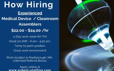 We have an urgent need for experienced Medical Device Assemblers. Must have previous medical device assembly and microscope experience. Great 4-day work week (M-Th) overtime opportunity on Fridays. Contact us today! (508)530-7208 #medicaldevice #manufacturing #nowhiring #ourpassionispeople #workwiththebest #greatdayforanewjob