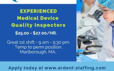 We have an urgent need for Medical Device Quality Inspectors for a rapidly growing manufacturing company in Marlborough. Interviews are happening now so if you have quality Inspection experience please reach out by phone or apply directly on our website.