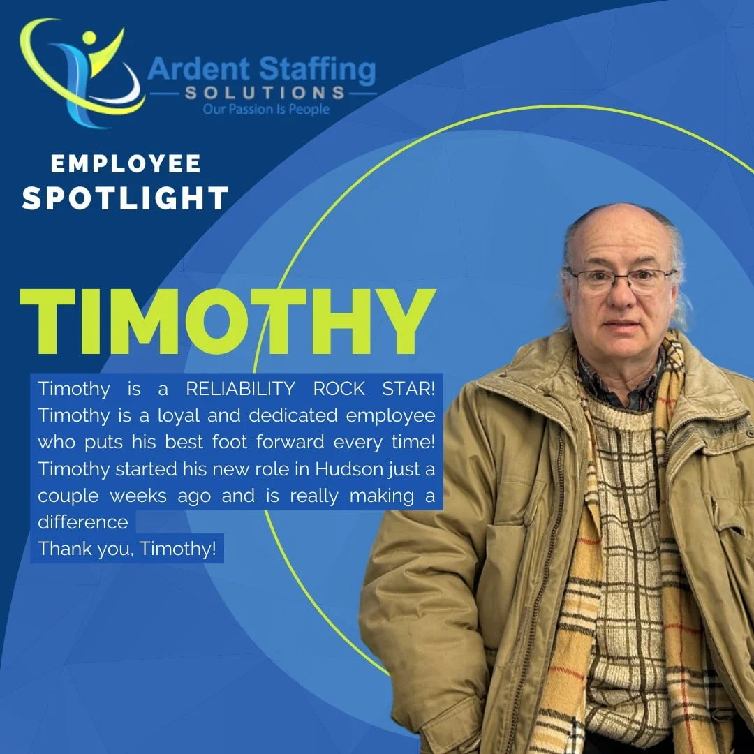 | Ardent Staffing Solutions One of the best things about working for Ardent Staffing is that we get to meet new and interesting people everyday. Timothy is one of those people! He has a great attitude, a strong work ethic and a desire to get things done right! That's why Timothy is our Employe Spotlight this week. Thanks for making us look good Timothy! ♂️
Do you want to be our next employee spotlight? Contact us today at (508) 530-7208 or visit our website to see some of our open positions