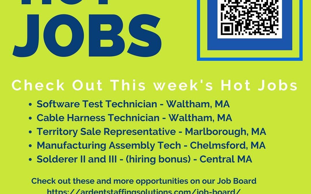 Here are some of this week’s hot jobs!  Scan to see more great openings   Like and follow us to keep current on Ardent Staffing news!