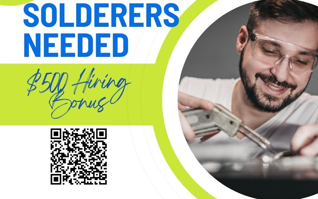 $500 HIRING BONUS! Solderers needed in Central MA. Contact us today to learn more about how you can land a great job and make some extra cash!!  Call (508)530-7212 and ask for Joe #ardentblog #ourpassionispeople #soldererjobs #IPC610 #electronics