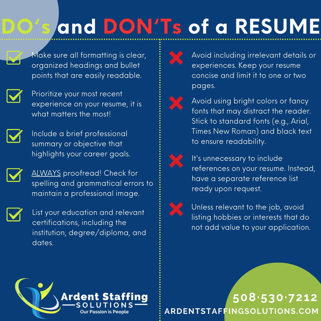 Ardent Staffing Solutions is here to help you ace your resume! Here are some tips and tricks that can help in the process of creating! Call us today (508) 530-7212