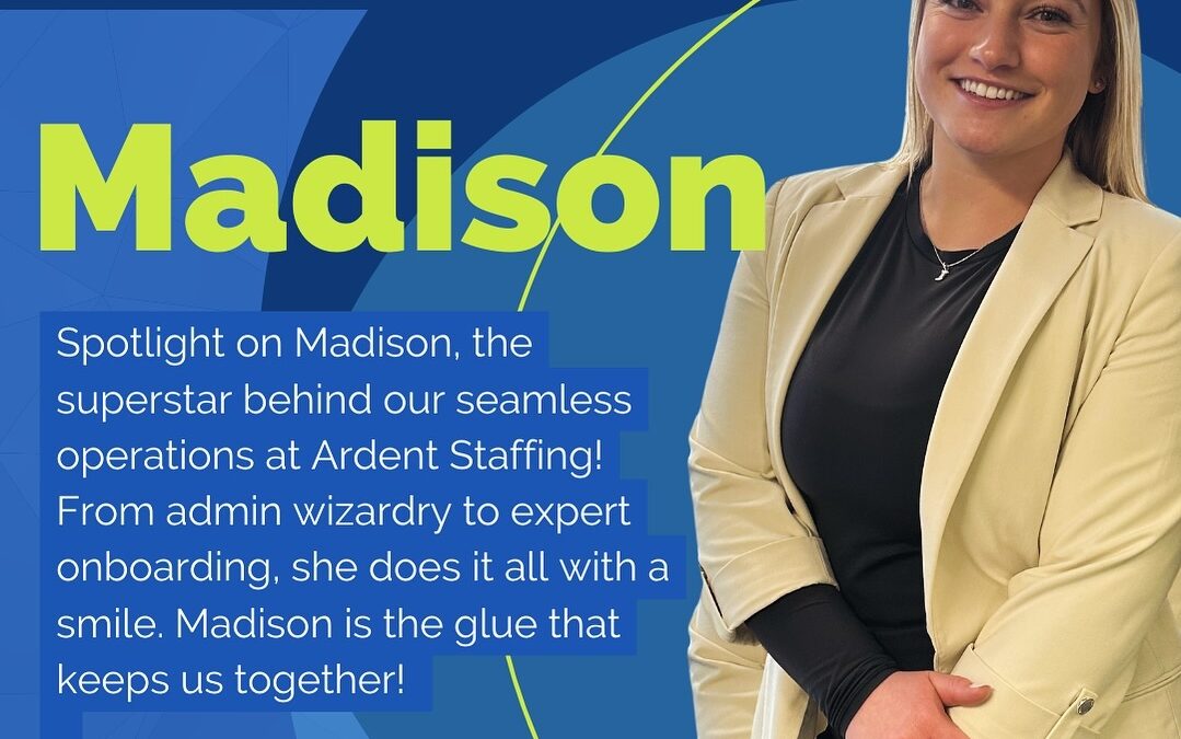 Meet Madison, our indispensable Staffing Support Specialist at Ardent Staffing! With her friendly demeanor and exceptional organizational skills, she keeps our operations running smoothly—handling everything from onboarding to payroll. She is the friendly voice of Ardent and the smiling face at our front desk! Madison is truly the heartbeat of our office!  #couldntdoitwithoutyou #employeespotlight #makingitlookeasy #staffing #ardentblog