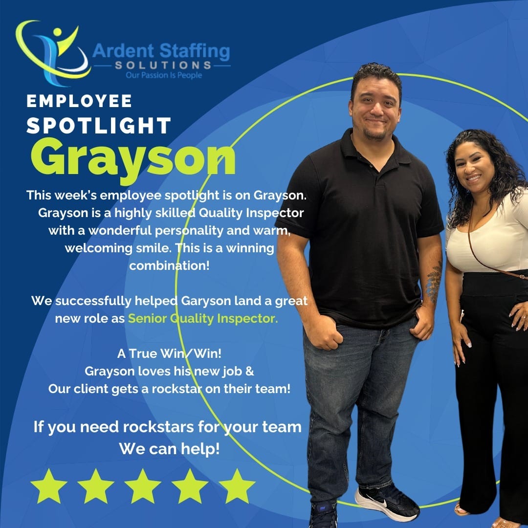 Employee Spotlight!We’re thrilled to spotlight Grayson, who just landed an amazing new role as Senior Quality Inspector thanks to our team at Ardent Staffing Solutions!
His warm personality, strong inspection skills, and dedication make him the perfect fit for this role.
It’s a true win-win: Grayson is loving his new job, and our client gained a rockstar for their team!Looking for your next hire?
We can help you find top talent! Contact us today at (508) 530-7212 to get started.