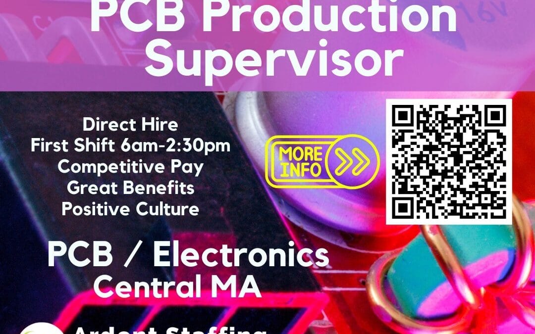 Great direct hire Production Supervisor opportunity to join a growing aerospace and defense contract manufacturer in Central MA.  Scan the QR Code for more details and apply today!  Call now to speak to one of our staffing specialists about this role!  (508) 530-7212 #CentralMA #ProductionSupervisor #Manufacturing #Leadership #IPC610 #IPC7711 #IPC7721 #JSTDSoldering #PCBAssembly #SMT #AOI #WaveSoldering #PressFit #De-paneling #TeamMotivation #ManufacturingLeadership #ProductionManagement #ardentblog #ourpassionispeople