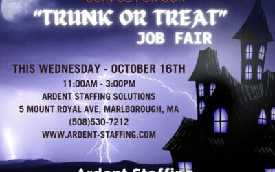 Join us for Ardent Staffing’s “Trunk or Treat” Job Fair!  Don’t be haunted by missed opportunities – come by for on-the-spot interviews, resume assistance, and a chance to explore exciting job openings in manufacturing and beyond. Whether you’re looking for a role as a Shipping/Receiving Associate, Electrical Engineer, Accounting Assistant, or Machine Operator, we’ve got opportunities waiting for you. Don’t forget to bring your resume for professional review and an immediate job interview. See you on Wednesday, October 16th, from 11 AM – 3 PM at 5 Mount Royal Ave, Marlborough, MA. #MarlboroughMA #HudsonMA #SudburyMA #FraminghamMA #NorthboroughMA #SouthboroughMA #WestboroughMA #ClintonMA #JobFair #HiringNow #ManufacturingJobs #ShippingReceiving #AccountingJobs #ElectricalEngineer #MachineOperator #ResumeHelp #ArdentStaffing #OnTheSpotInterviews #FindYourNextJob #JobSearch