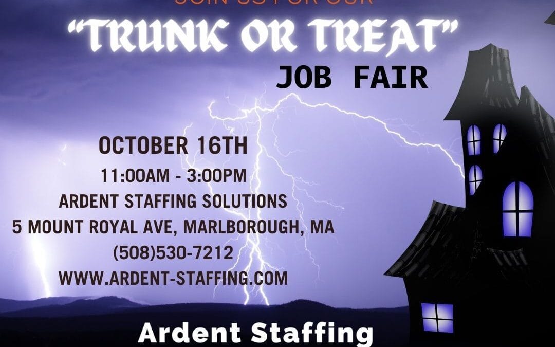 TODAY TODAY TODAY Looking for a job doesn’t have to be scary! Ardent Staffing Solutions is hosting a “Trunk or Treat” Job Fair TODAY, October 16th, from 11:00 AM – 3:00 PM at 5 Mount Royal Ave, Marlborough, MA. Join us for on-the-spot interviews, resume assistance, and exciting opportunities to connect with top employers in your area. Don’t forget to bring your resume to stand out! Key Event Highlights: Date: October 16th Time: 11:00A – 3:00P Location: Ardent Staffing Solutions, 5 Mount Royal Ave, Marlborough, MA Contact: (508) 530-7212 Website: www.ardent-staffing.com What to Expect: On-the-spot interviews, resume help, and more! Why Attend? Whether you’re seeking a career change, looking to return to work, or just curious about job market opportunities, this event is for you. Our team will be there to provide support, answer questions, and help you take the next step toward your career goals. Bring your resume, and don’t miss this opportunity to meet employers face-to-face and land your next job. Get hired today! #MarlboroughMA #HudsonMA #SudburyMA #FraminghamMA #NorthboroughMA #SouthboroughMA #WestboroughMA #ClintonMA #JobFair #HiringNow #ManufacturingJobs #ShippingReceiving #AccountingJobs #ElectricalEngineer #MachineOperator #ResumeHelp #ArdentStaffing #OnTheSpotInterviews #FindYourNextJob #JobSearch