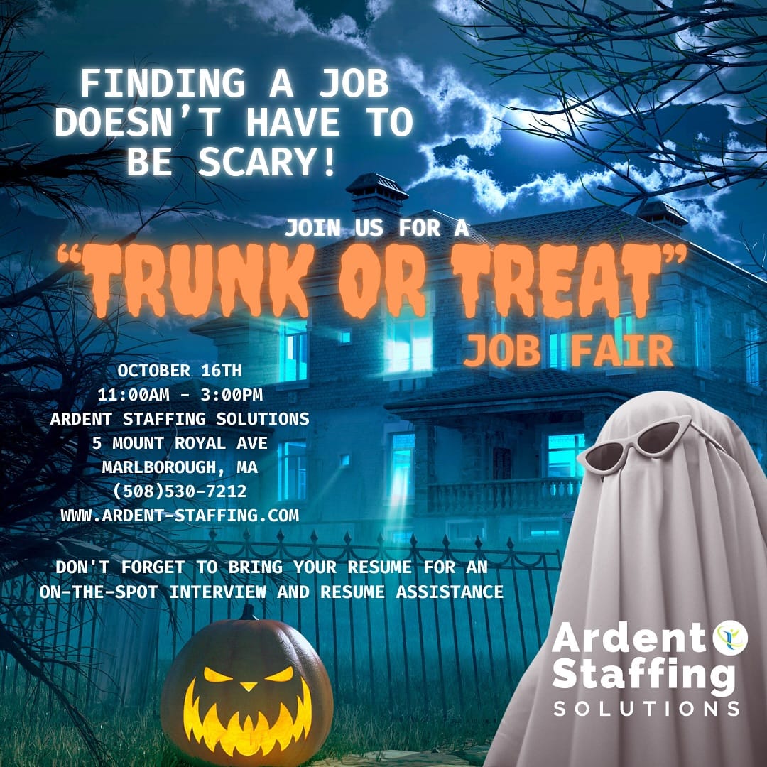 🦇Join Ardent Staffing Solutions’ Trunk or Treat Job Fair on October 16th in Marlborough, MA! 🦇Get into the Halloween spirit while exploring exciting career opportunities. Bring your resume for on-the-spot interviews and resume assistance from 11:00 AM to 3:00 PM at 5 Mount Royal Ave, Marlborough, MADon’t miss out on this spooky chance to find your next job!