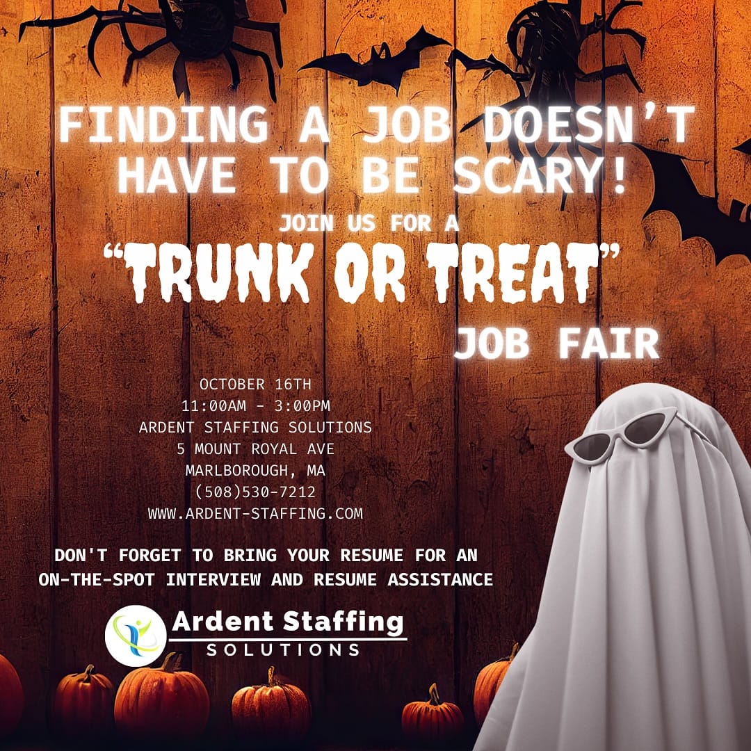 🦇Join Ardent Staffing Solutions’ Trunk or Treat Job Fair on October 16th in Marlborough, MA! 🦇Get into the Halloween spirit while exploring exciting career opportunities. Bring your resume for on-the-spot interviews and resume assistance from 11:00 AM to 3:00 PM at 5 Mount Royal Ave, Marlborough, MADon’t miss out on this spooky chance to find your next job!