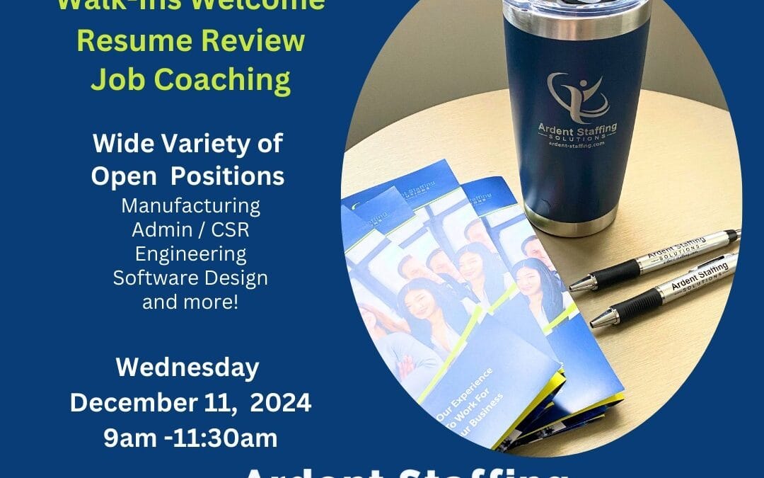 Ready to find your dream job? Join us for Jobs & Java!   Date: Wednesday, December 11, 2024  Time: 9:00 AM – 11:30 AM  Location: 5 Mount Royal Ave, Suite 360, Marlborough, MA  Open Interviews  Resume Reviews  Job Coaching  Walk-Ins Welcome Explore a wide variety of open positions in Manufacturing, Admin, Engineering, Software Design, and more! Let’s get you hired before the new year.   Call us today at (508) 730-7212 for more info. #JobsAndJava #CareerFair #ArdentStaffingSolutions #OpenInterviews #JobOpportunities #ResumeTips #JobCoaching #MarlboroughMA #nowhiring