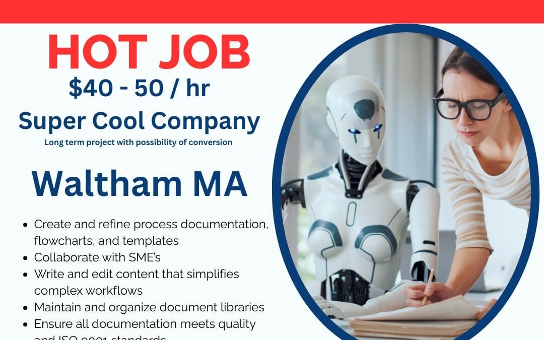 HOT JOB ALERT in WALTHAM, MA!  We’re hiring a Business Process Technical Writer for a Super Cool Company – $40–50/hr!  Join a long-term project with conversion potential and make an impact by simplifying complex workflows and driving process excellence.  Collaborate with SMEs  Create flowcharts, templates & process docs  Maintain ISO 9001 standards  Location: Waltham, MA  Call now: (508) 530-7245  Apply today through Ardent Staffing Solutions – Our Passion is People! #TechnicalWriterJobs #HiringNow #WalthamJobs #DocumentationJobs #ISO9001 #ProcessImprovement #ArdentStaffing #MassachusettsJobs #NowHiring #TechJobs #JobSearch2025 #ardentblog