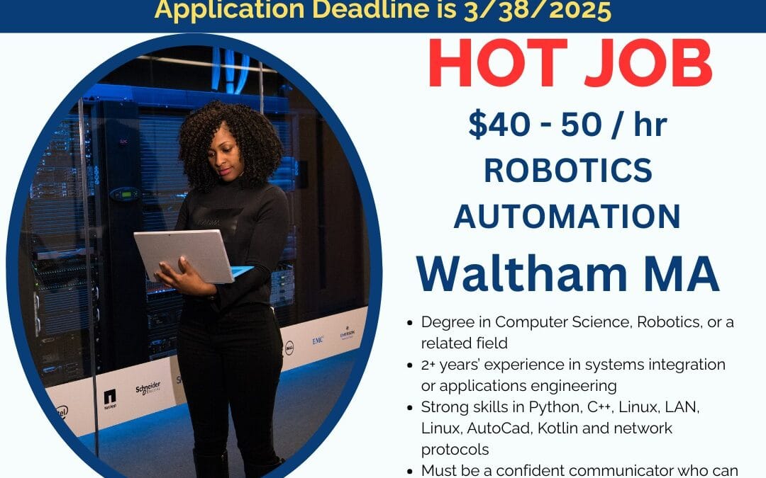 HOT JOB ALERT!  We’re hiring a Senior Applications Engineer in Waltham, MA 🤖 If you have a passion for robotics, love solving complex technical challenges, and thrive on the road (50% travel), this one’s for YOU!  $40–$50/hr  Full-time | Day Shift  Waltham, MA Ready to lead cutting-edge automation projects and work hands-on with innovative technology?  Apply now or call us at (508) 530-7245 to learn more! #NowHiring #EngineeringJobs #ApplicationsEngineer #RoboticsJobs #AutomationCareers #TechTalent #WalthamJobs #ArdentStaffing #WeConnectGreatPeople #ardentblog