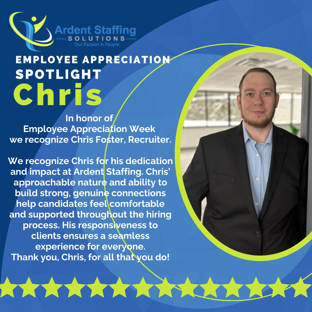 This week, we recognize Chris Foster, Recruiter, for his dedication and impact at Ardent Staffing. Chris' approachable nature and ability to build strong, genuine connections help candidates feel comfortable and supported throughout the hiring process. His responsiveness to clients ensures a seamless experience for everyone.Thank you, Chris, for all that you do!@ArdentBlog