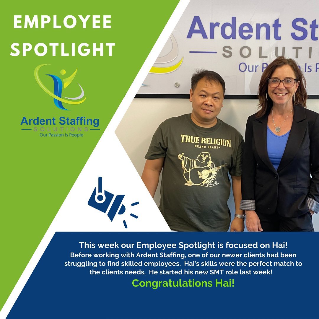 Nothing makes us happier than when we are able to bring employees and employers together! Every member of the Ardent Staffing team is passionate about creating connections. This is why we celebrate our employees every week! 

Whether you need help finding work or workers, Ardent Staffing is here to help....Contact us today to learn more!

(508) 530-7212
Ardent-Staffing.com
Let’s get the world back to work!