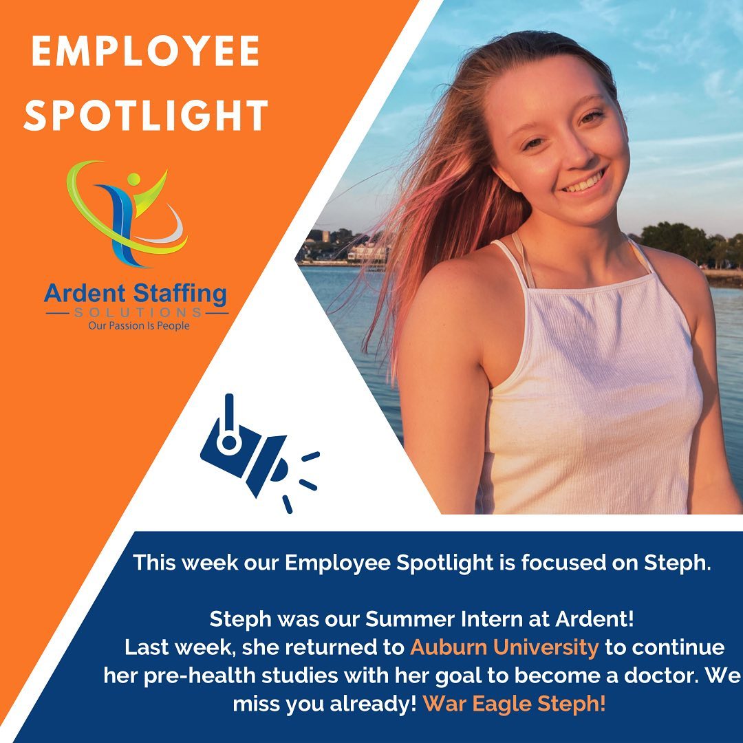 This summer the @ardentstaffing team had the privilege of working with Stephanie, an inspiring, young Auburn University student. Stephie was our summer intern and she lit up the office with her smile and positive energy! She learned a lot and so did we!! War 🦅 Eagle Steph, the world is yours - go get it!