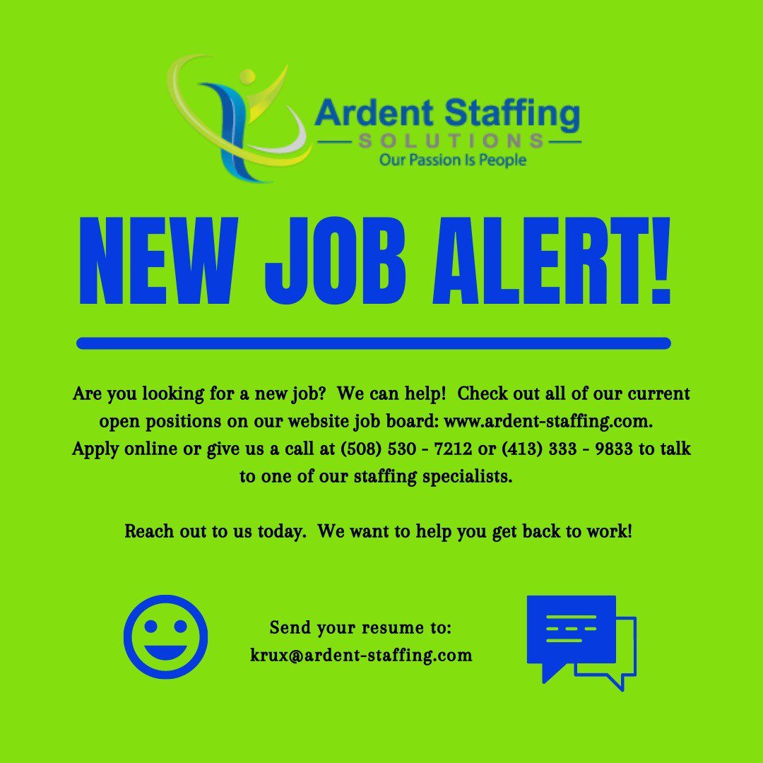 Let us help you land a new opportunity to start off the new year! Come check out all of our openings on our website job board: www.ardent-staffing.com. We have some great jobs available in both central and western MA!