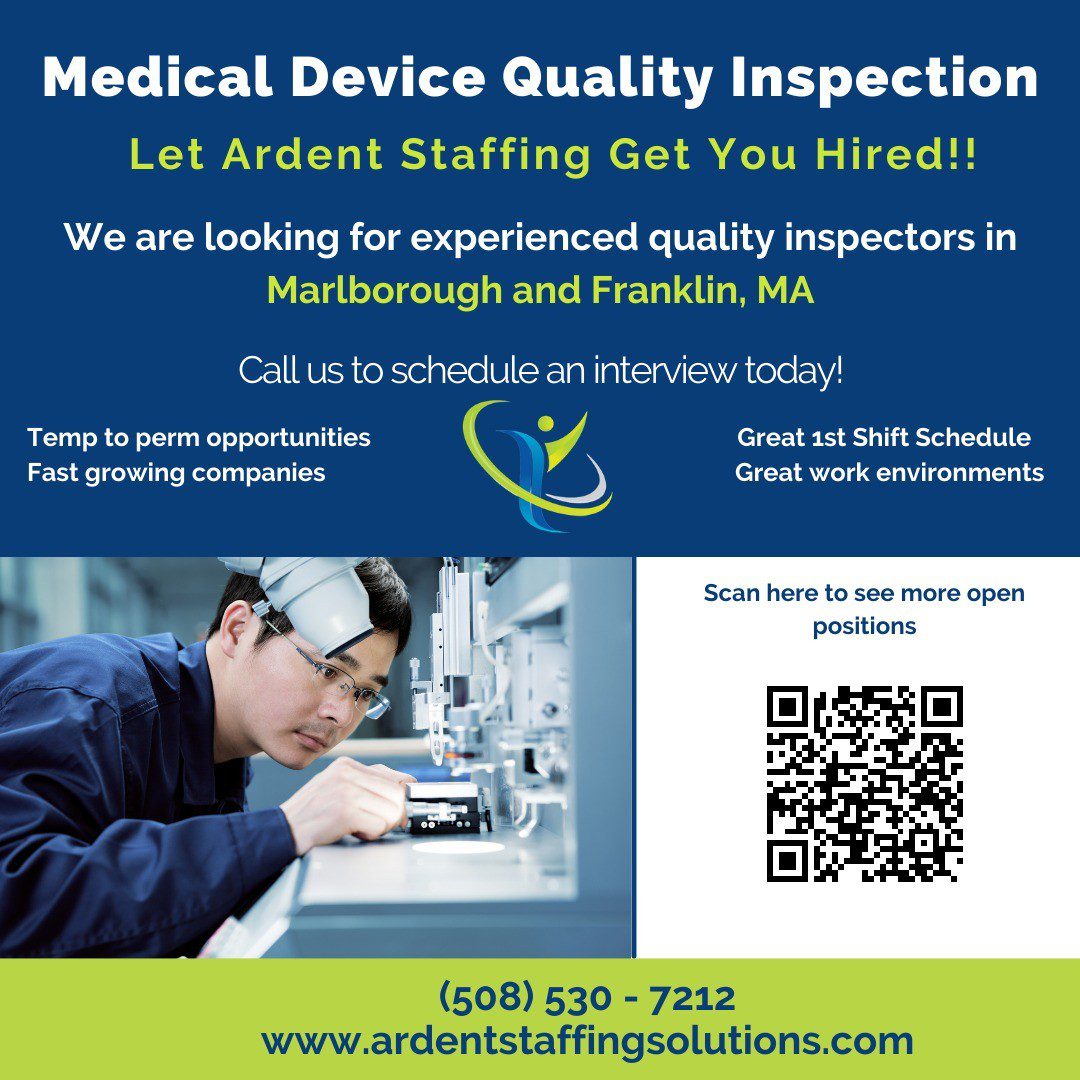Calling all Medical Device Quality Inspectors! We want you! 
Reachout to Ardent Staffing today to learn more about these great positions! 
Temp to Perm
$21-22/hr
Call us now (508) 530-7212
🙂